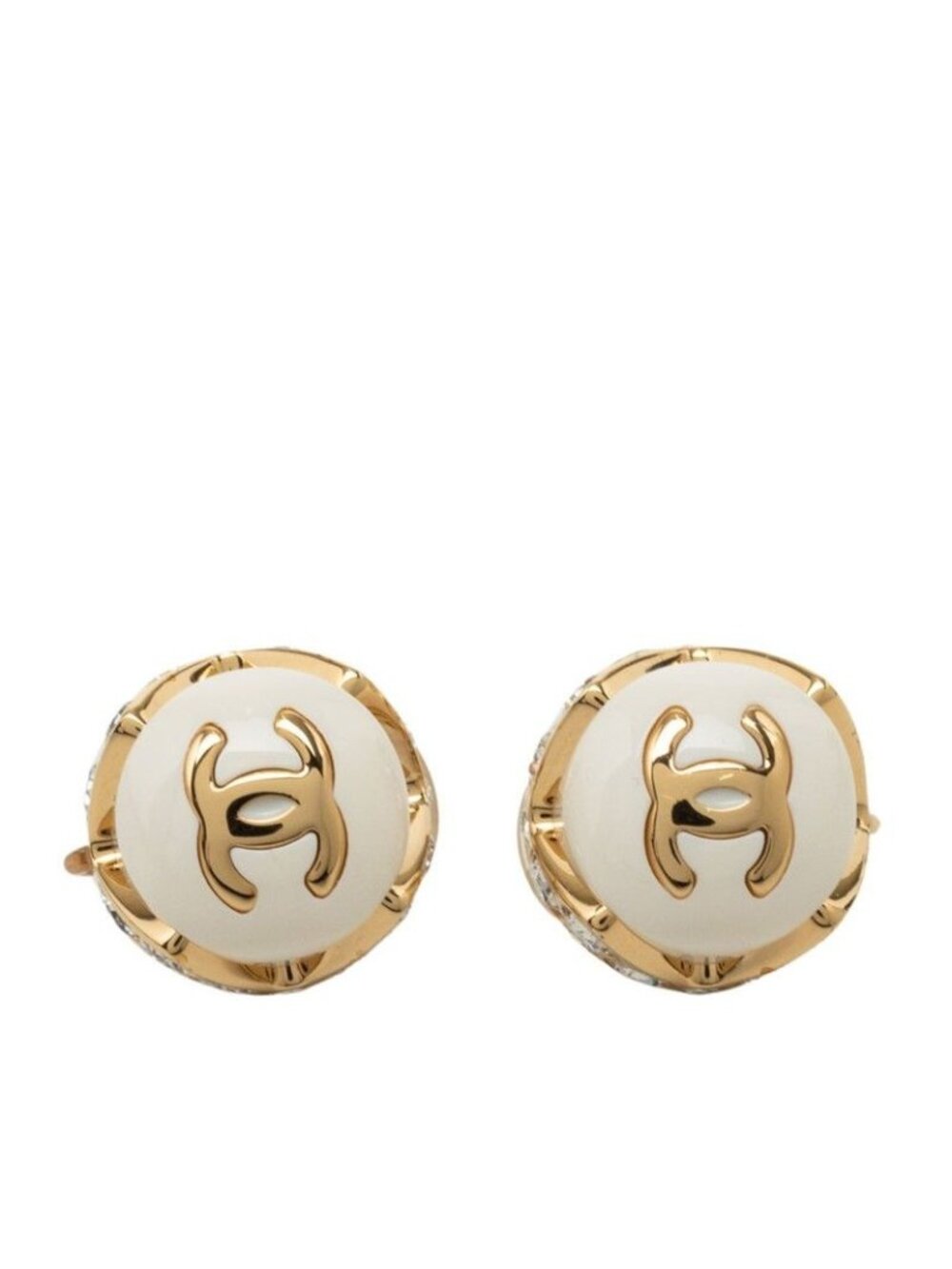 Chanel CC Logo Earrings Ear Clip White Gold Plated Rhinestone